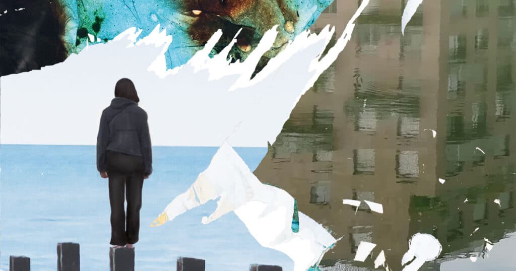Extrait de l'affiche de Xynthia, l'odyssée de l'eau, une femme debout sur le rivage, face à la mer